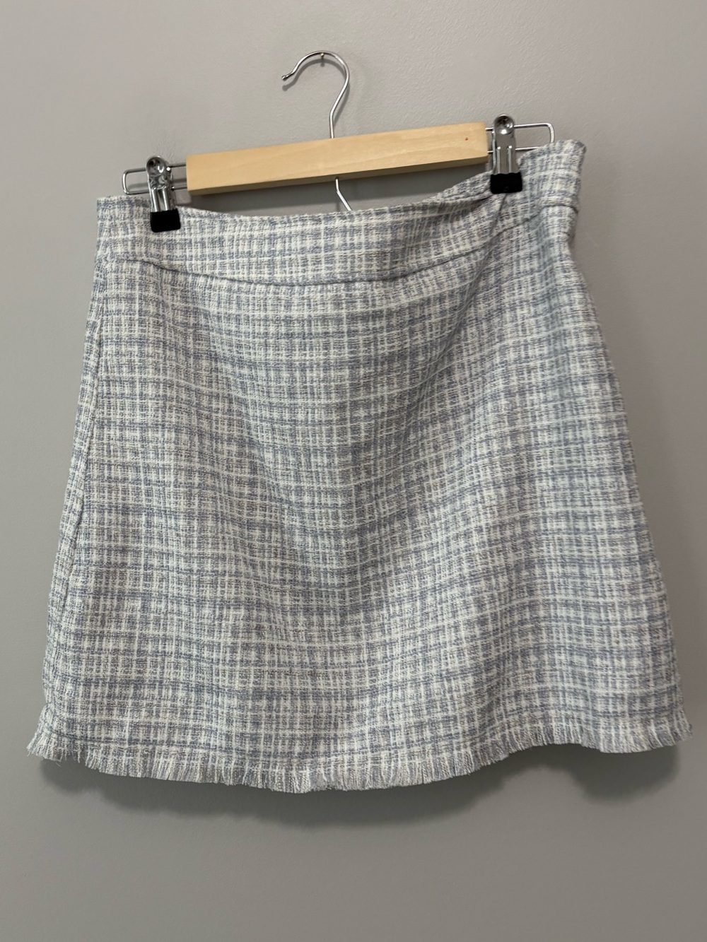 Maison d’Amelie Coquette Girl Mini Skirt in Light Gray Blue Check Rough Sewn Hem